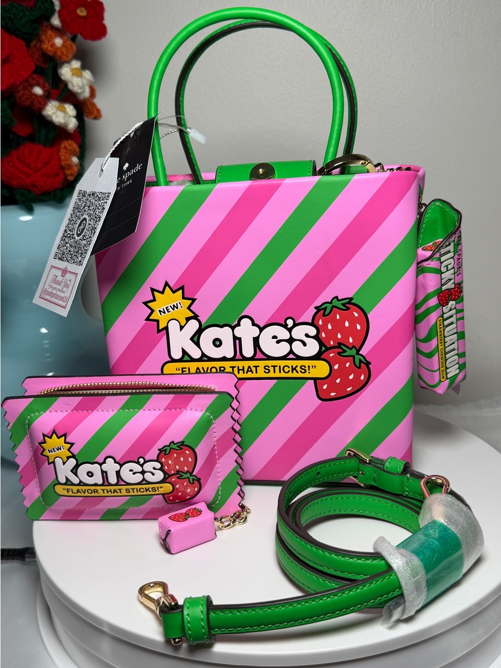 kate spade Strawberry Graphic Handbag in Pink & Green Stripe NWT